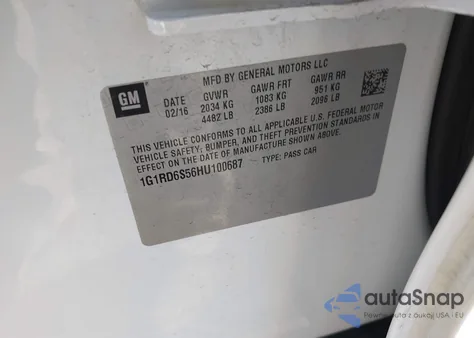 2017 Chevrolet Volt Premier из США, поврежденный, VIN 1G1RD6S56HU100687